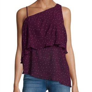 Parker Asymmetrical One Shoulder Micro Polka Dot Layered Crepe Top
